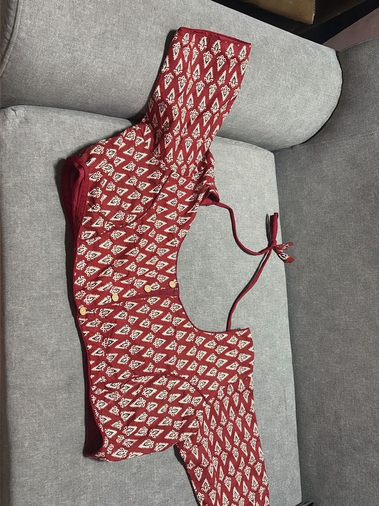 Red &amp; White Block Print Blouse