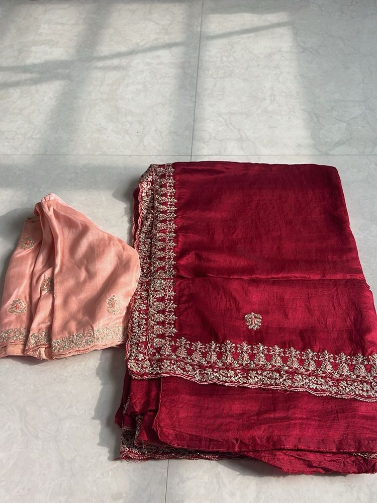 Maroon Silk Saree with peach blouse