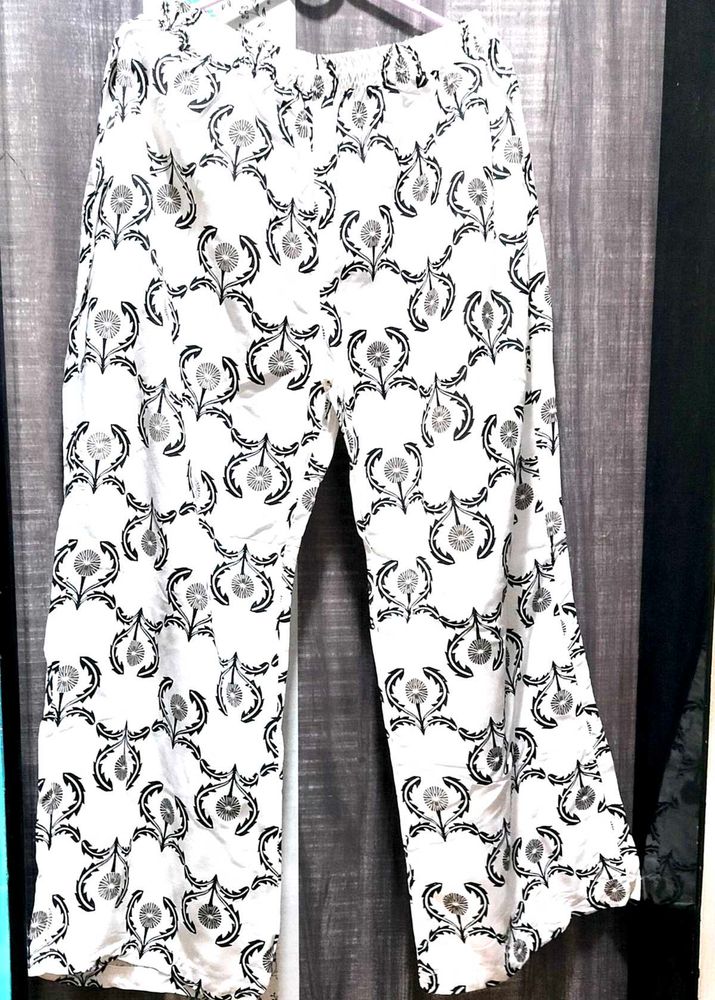 White Palazzos with Black Floral Print