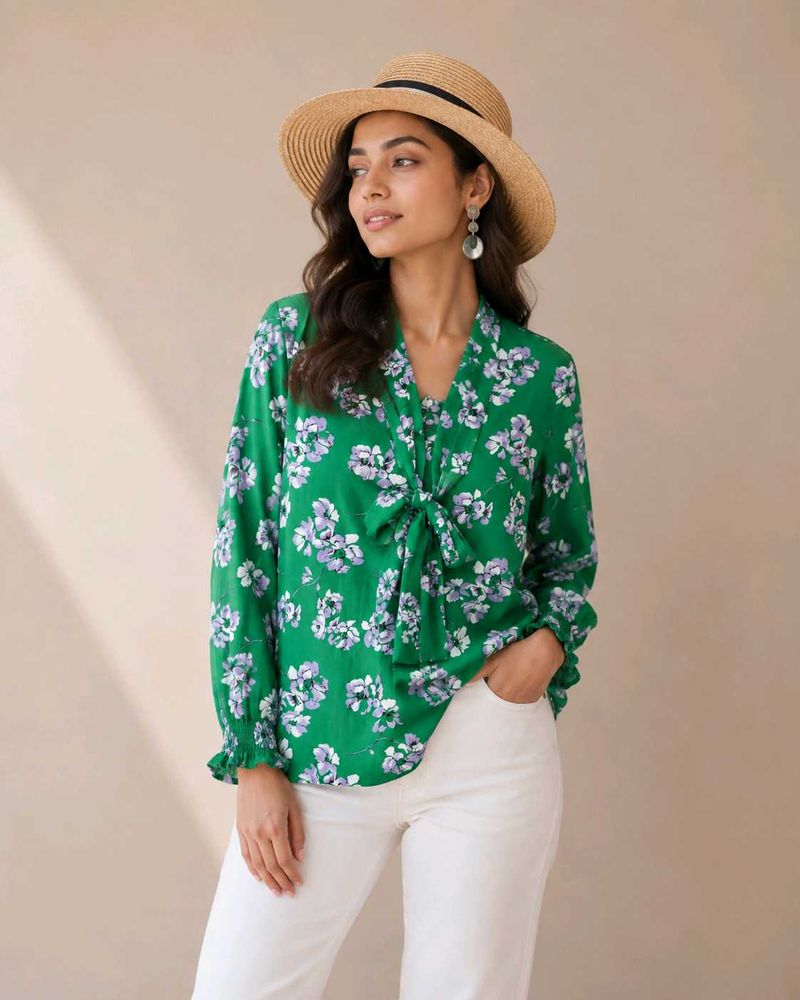 Chic Floral Tie-Neck Loose Top
