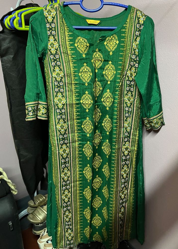 Green Ethnic Kurta with Yellow Print