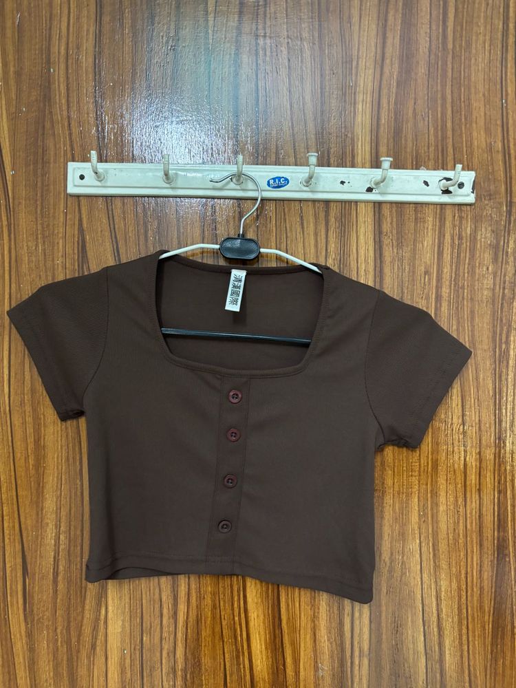 Brown Cropped Button-Up Top