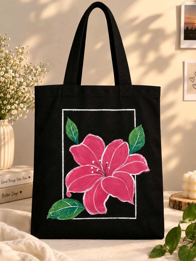 Hand-Painted Black Tote Bag with Pink Flower