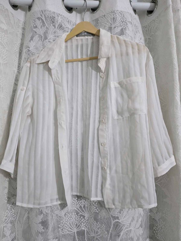 Original Duibai Sheer Striped Button-Up Blouse