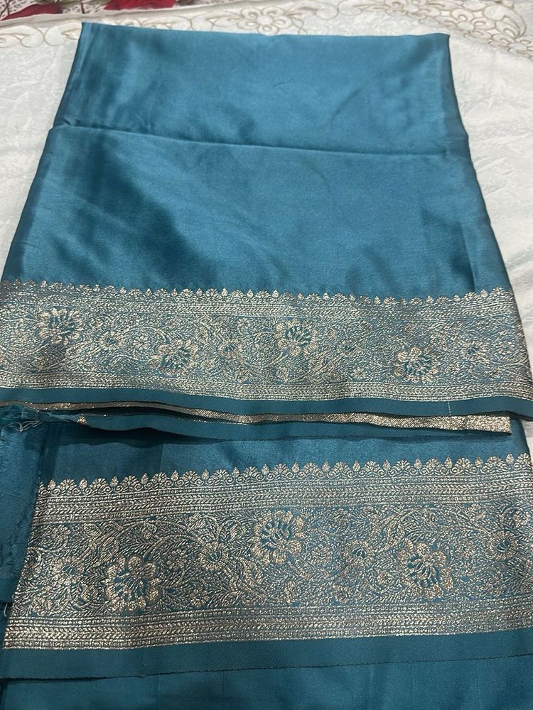 Teal Silk Saree with Gold Border