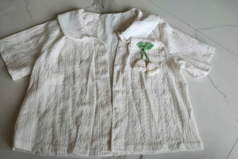 White Embroidered Cherry Short Sleeve Top