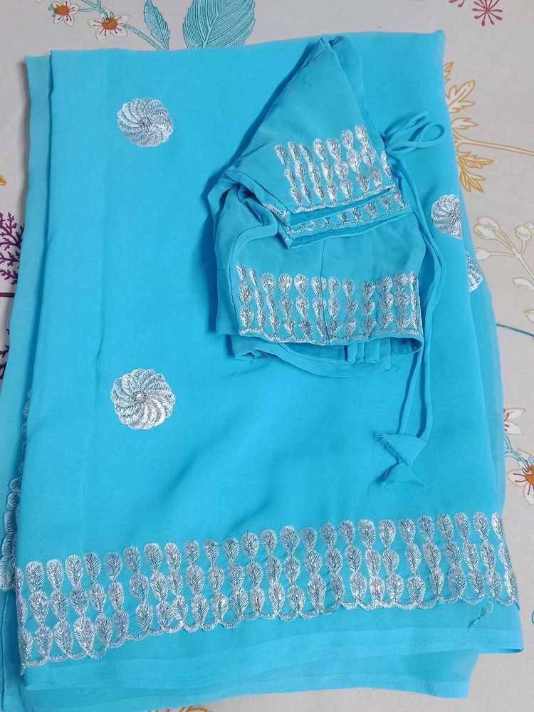 Elegant Sky Blue Embroidered Saree
