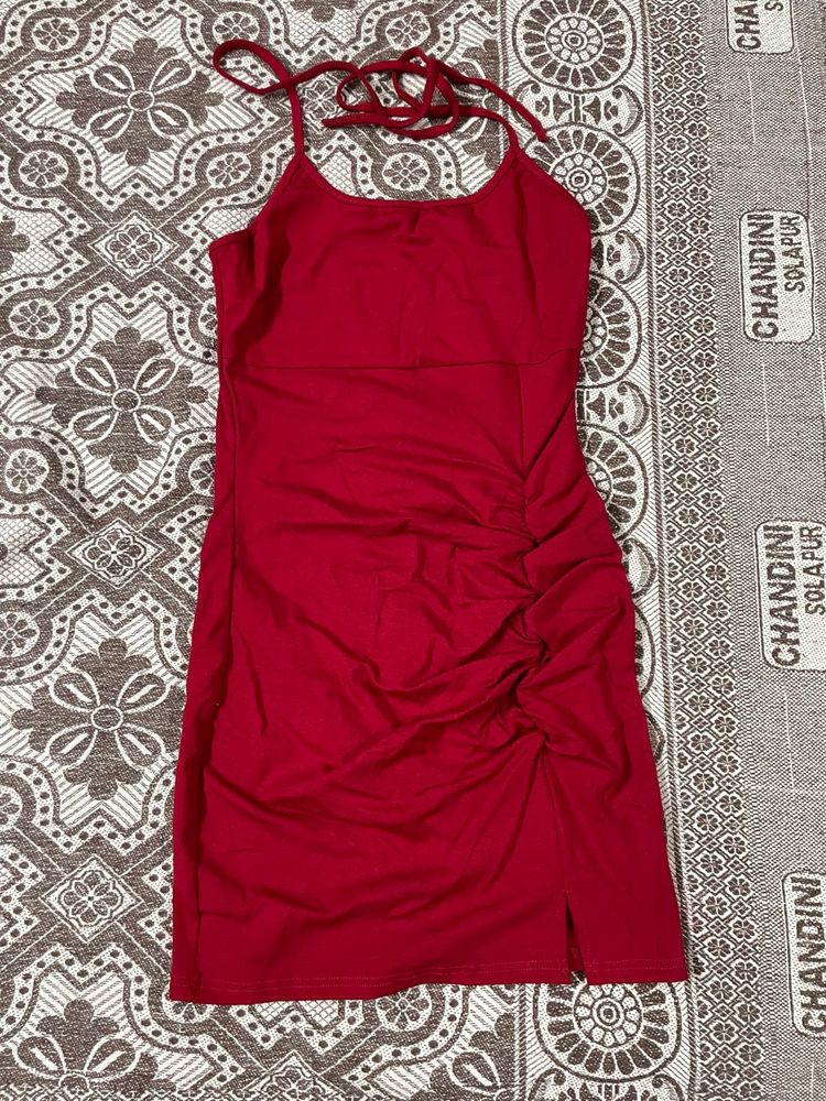 Red Ruched Mini Dress with White Cropped Top