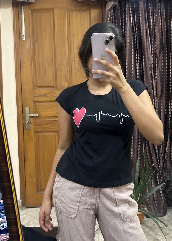 Black T-Shirt with Heartbeat Heart Design