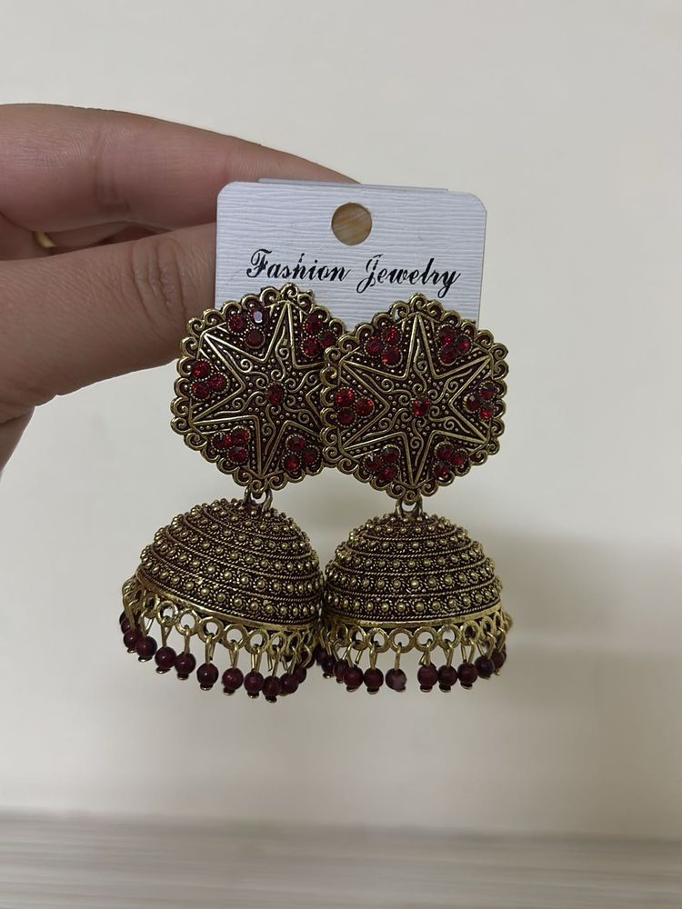 Red &amp; Gold Jhumka Earrings