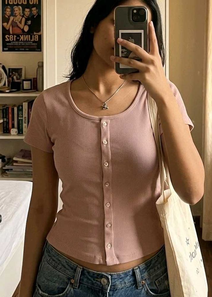 Pink Ribbed Button-Up Top