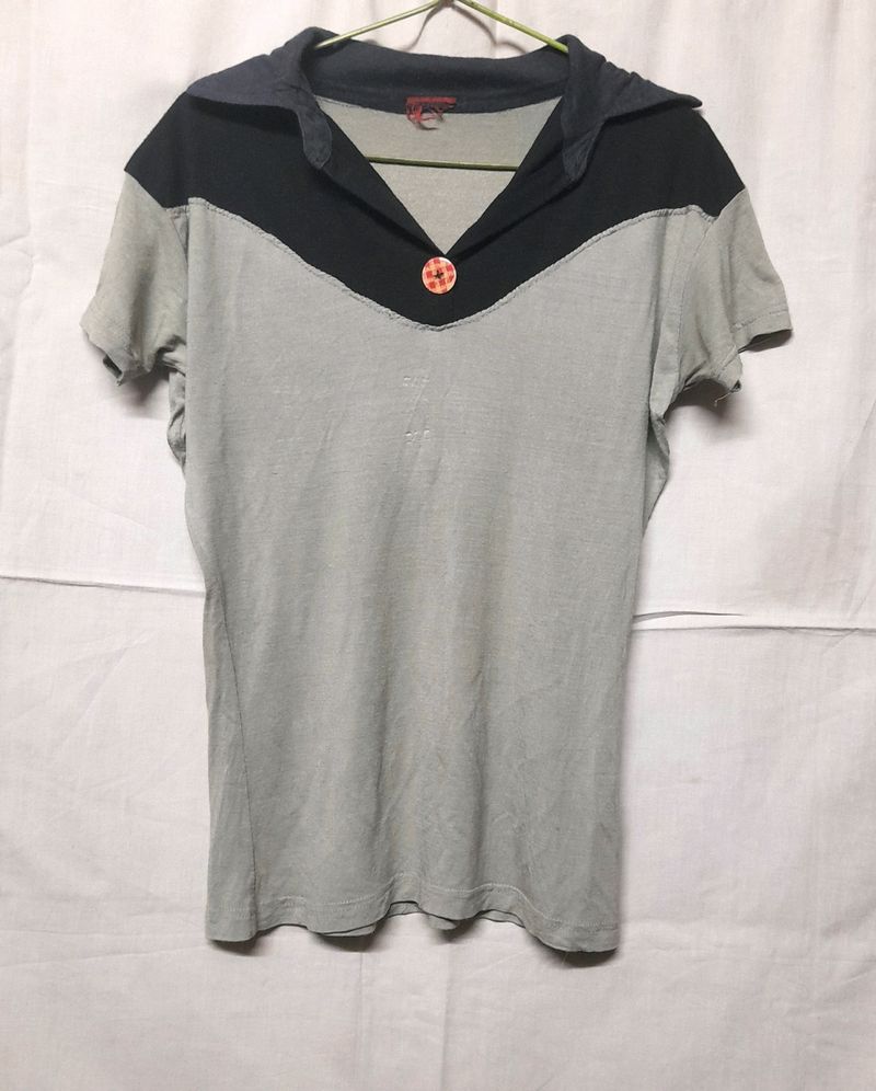 Girl's Korean Green Top Black Collar Casual Tshirt