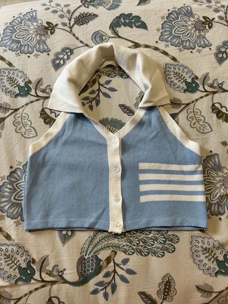 Blue &amp; White Striped Knit Crop Top