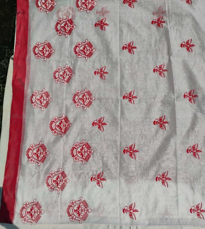 White Saree with Red Embroidery DURGA FACE