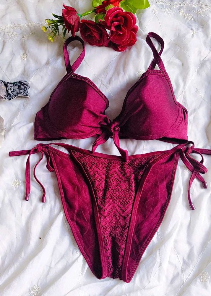 Burgundy Lace Detail Bikini Set