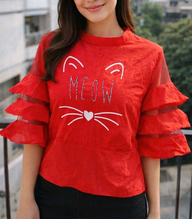 Cute Meow Cat Ruffle Sleeve Top