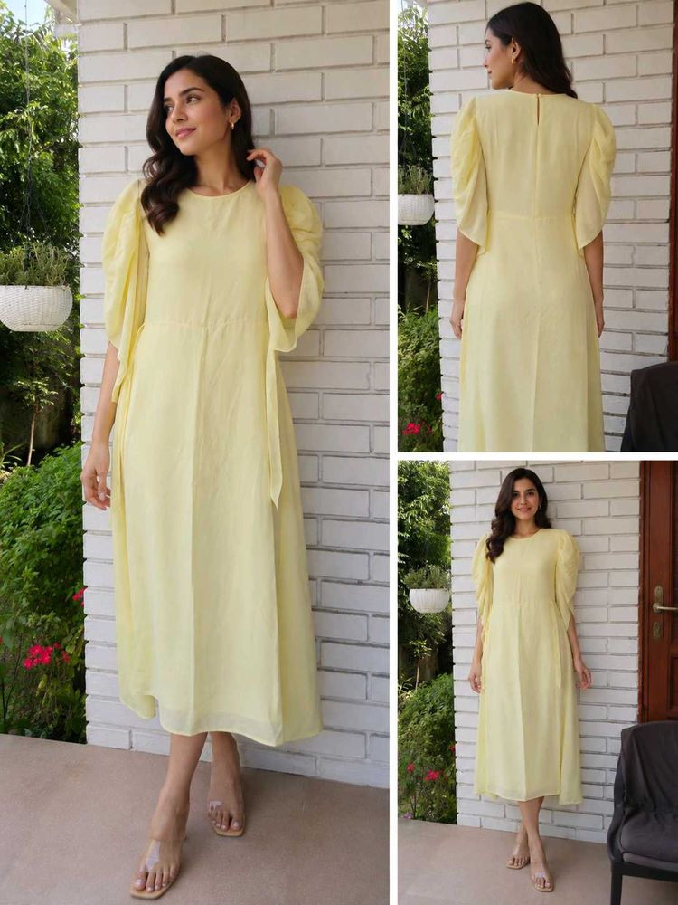 Elegant Yellow Puff Sleeve Midi Dress