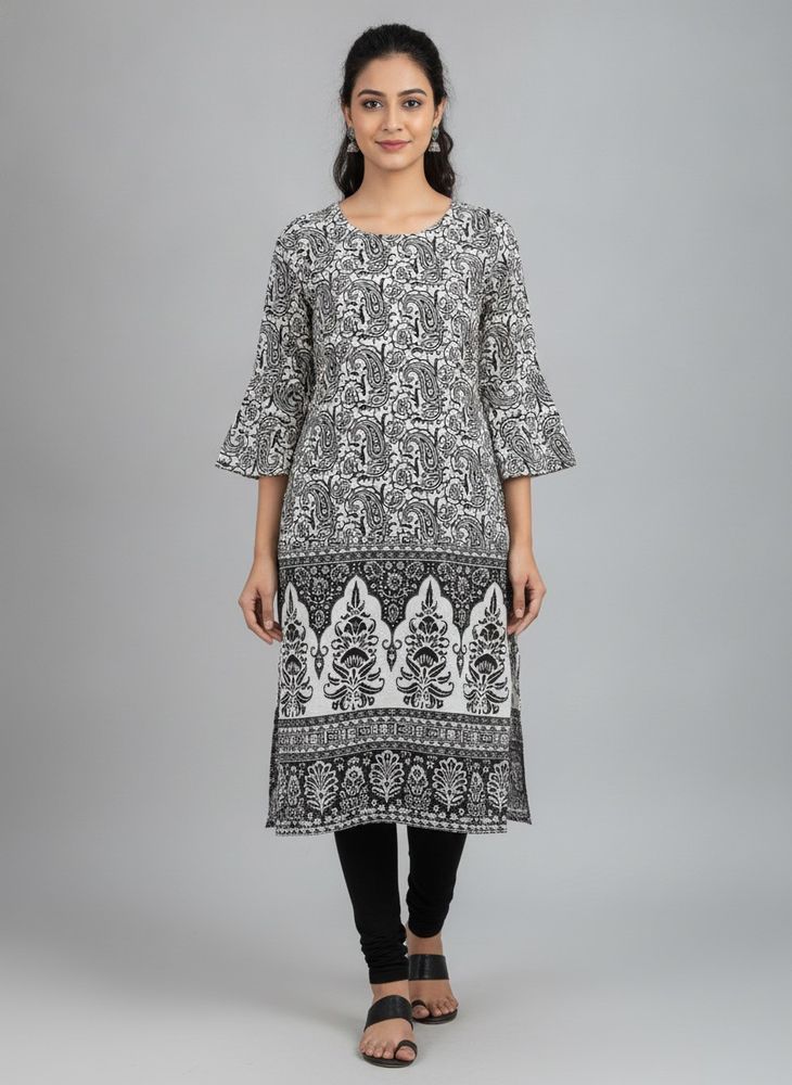 Stylish Black &amp; White Paisley Print Kurta