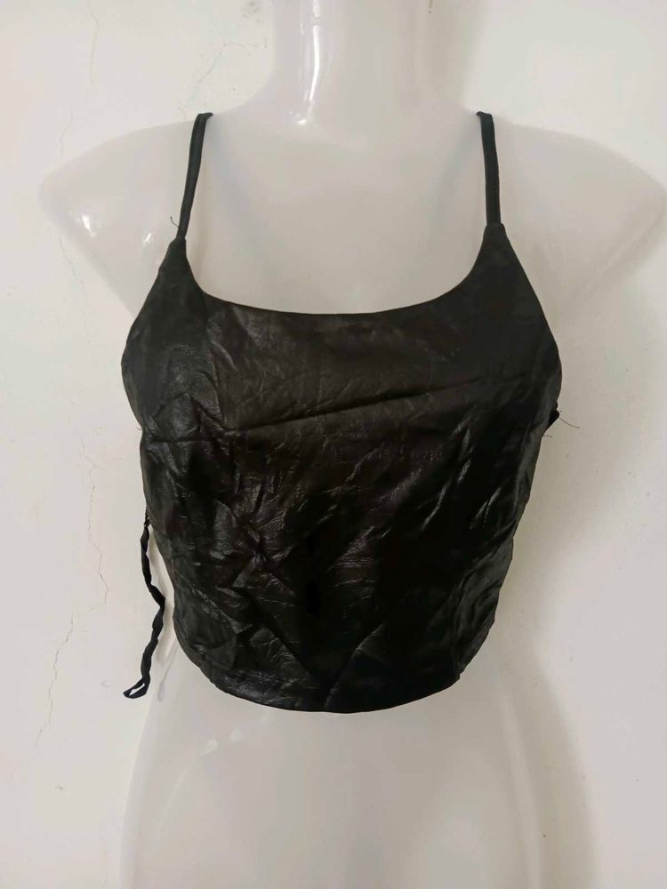 leather Black Crop Top