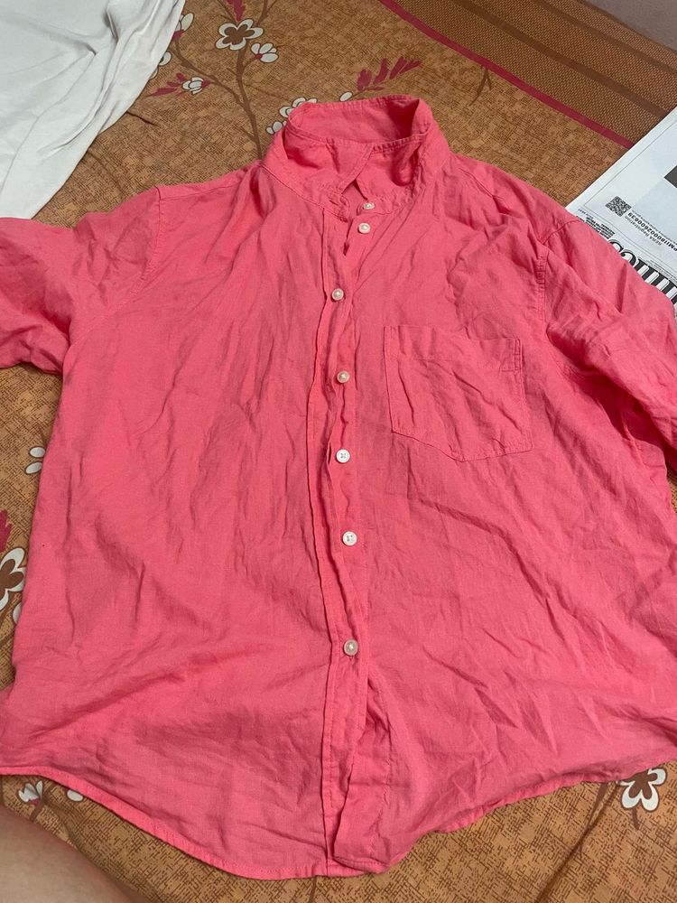 H&amp;M Pink Linen Button-Up Shirt