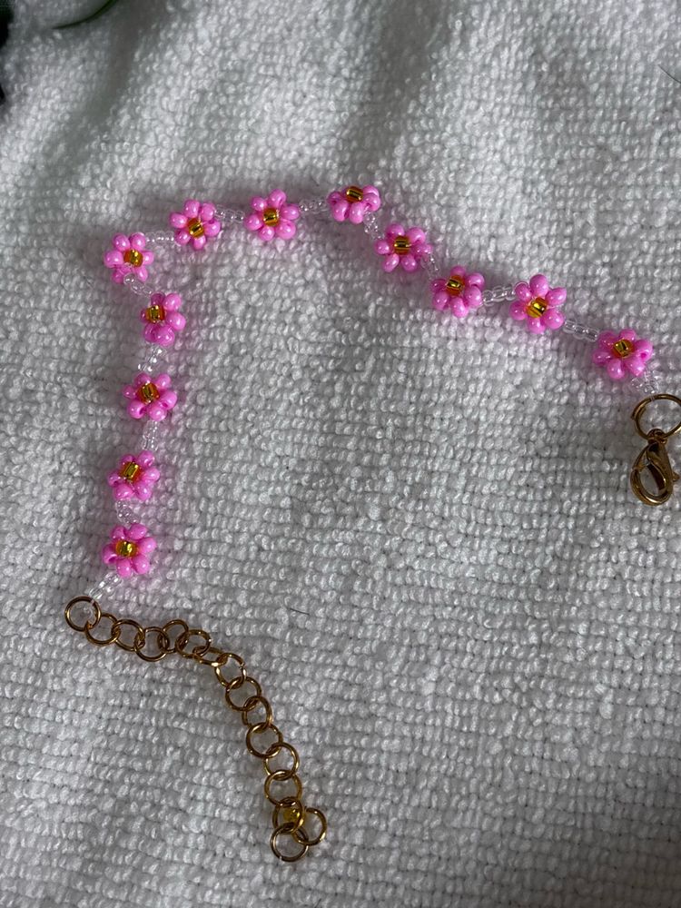 Pink Flower Beaded Anklet