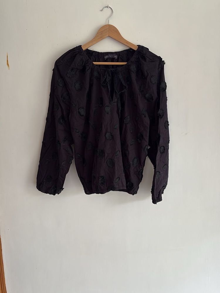 Black embroidered  Long Sleeve Top