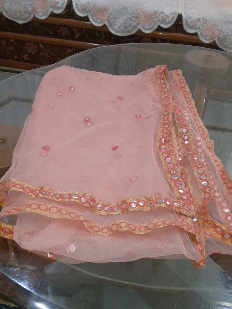 Peach Net Mirror Work Dupatta