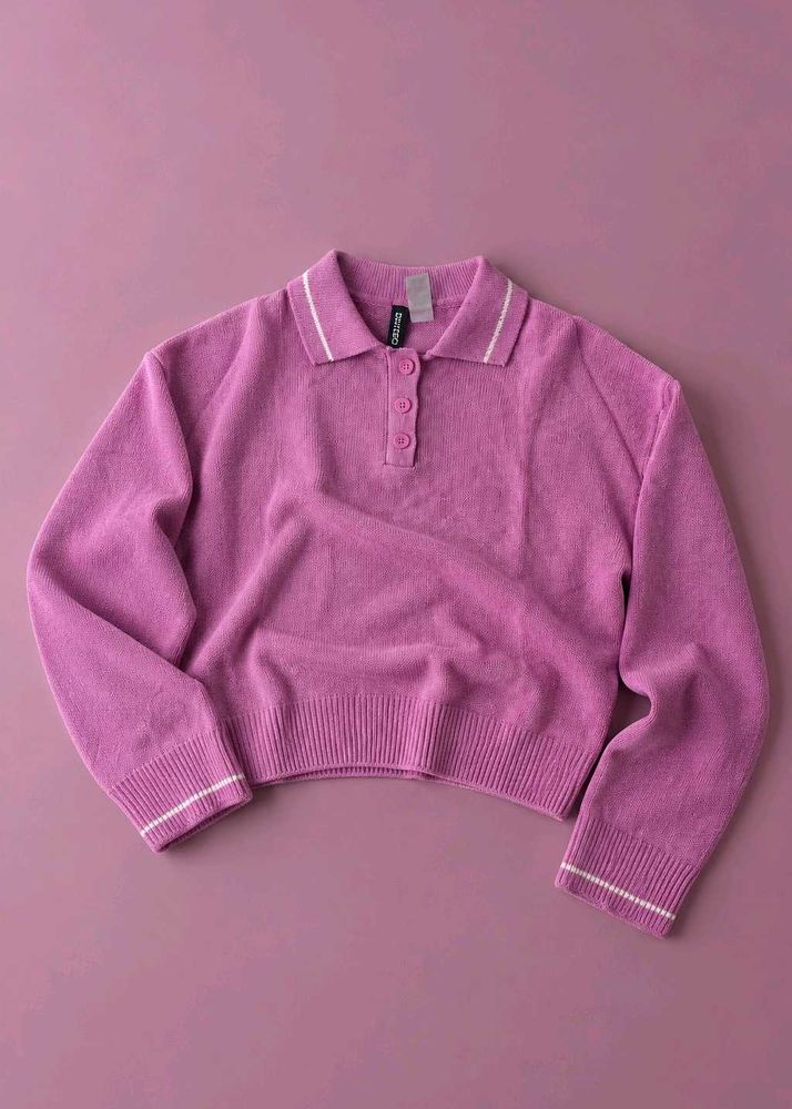 PINK STRIPED COLLAR CROPPED KNIT POLO
