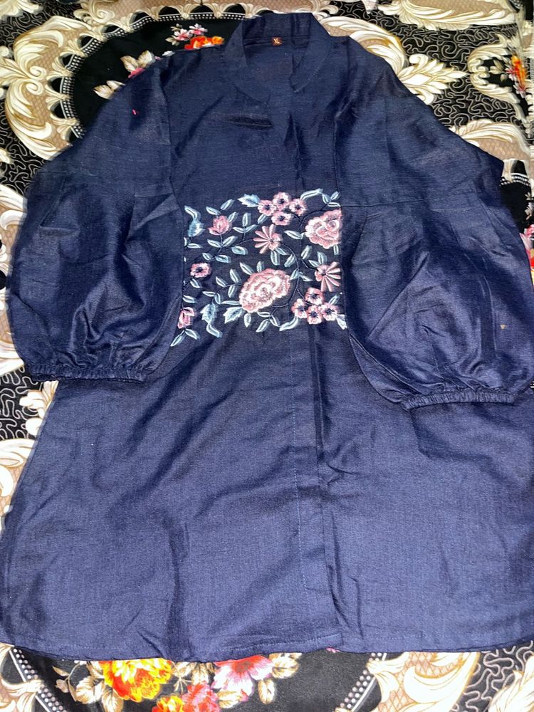 Embroidered Blue Denim Kurta set