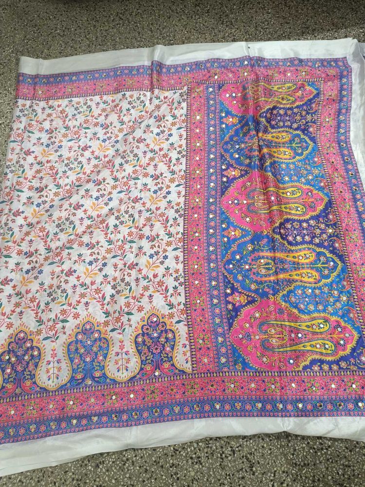 Beautiful Chinon Floral Saree with Mirror Work
