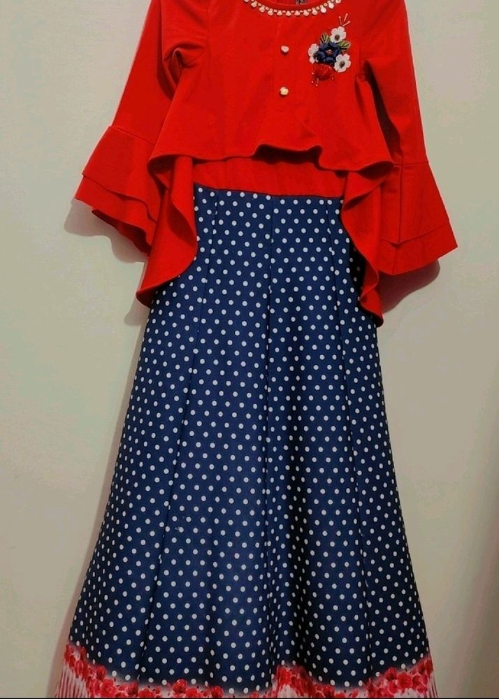 Red &amp; Blue Dotted Print Dress For Girl 12- 14 Year