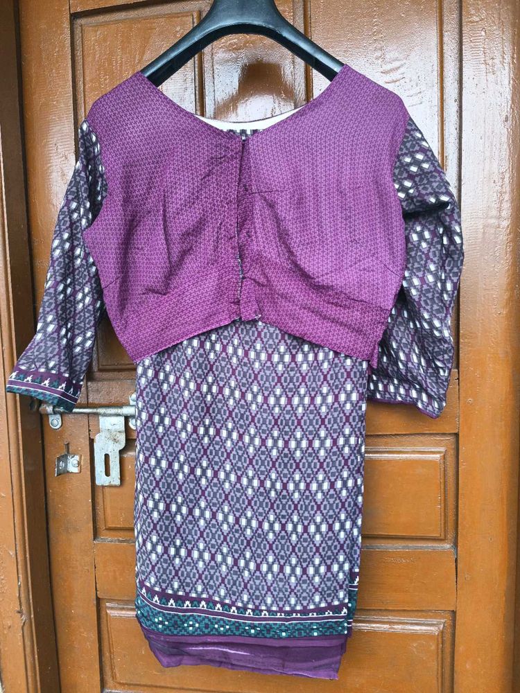 Crepe Purple Ethnic Blouse with Patterned Sleeves
