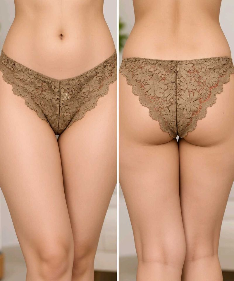 Brown Floral Lace Thong Panty