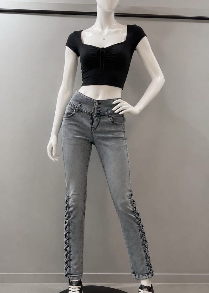 Grey Lace-Up Detail Jeans