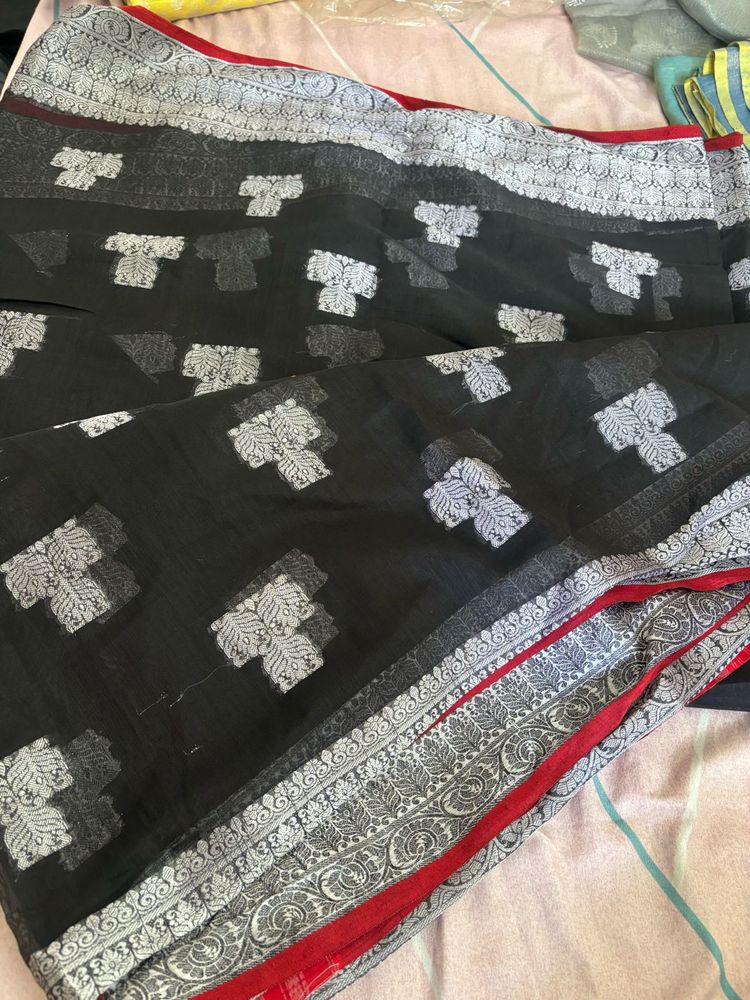 Elegant Black Saree with Silver Motifs