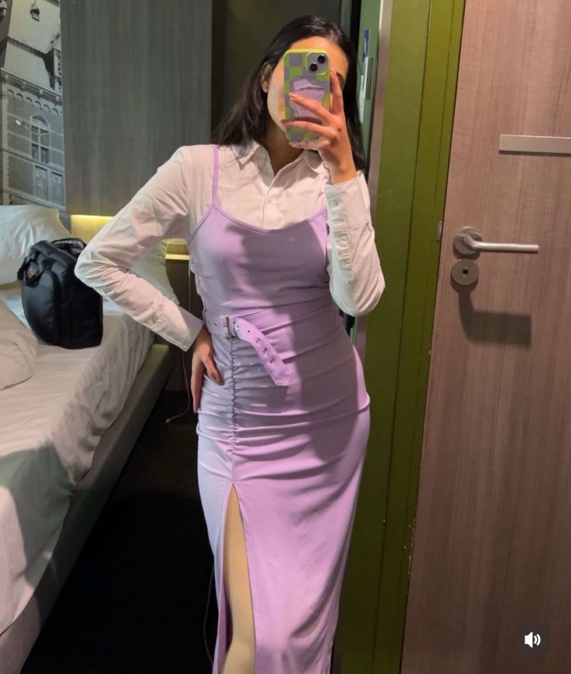 Lavender Ruched Midi Dress with Belt