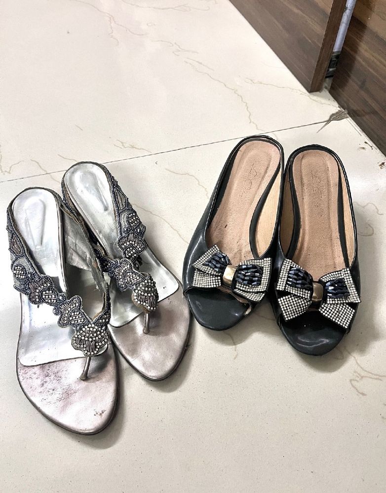 New Stones Emblished Silver And Black Heels Combo