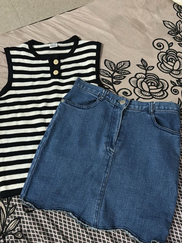 Striped Sleeveless Top &amp; Denim Skirt Set