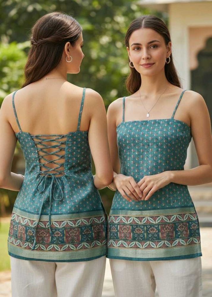 Stylish Teal Ethnic Print Kurta Top