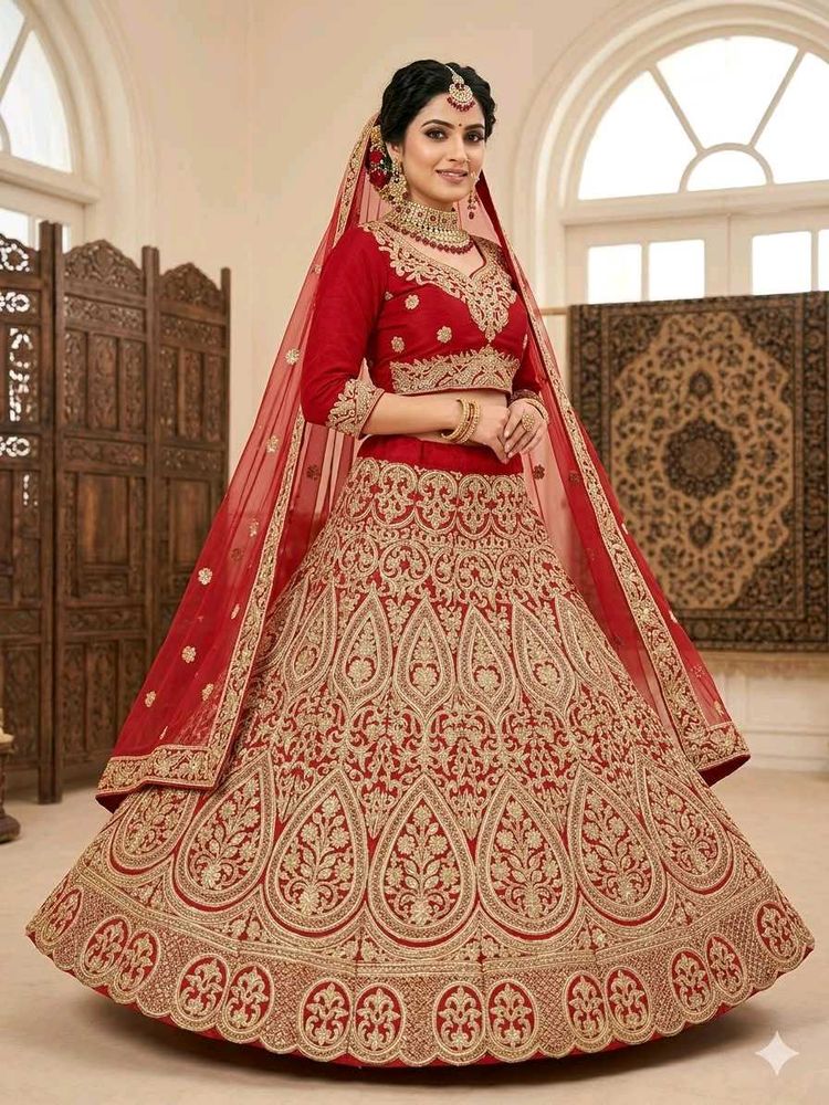 Elegant Red &amp; Gold Embroidered Lehenga Choli
