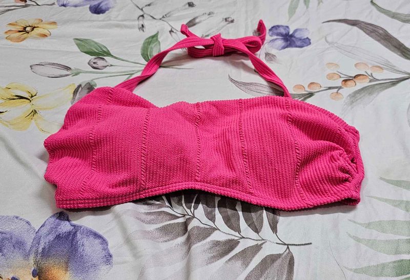Pink Textured Halter Bikini Top with Tie Back