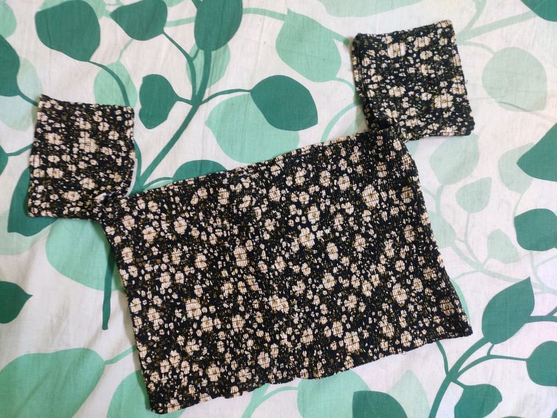 Off Shoulder Floral Black Crop Top