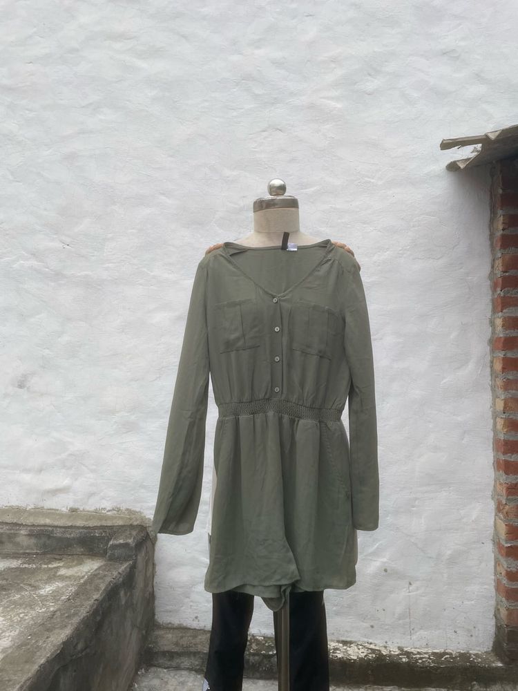 Olive Green Button-Front Romper