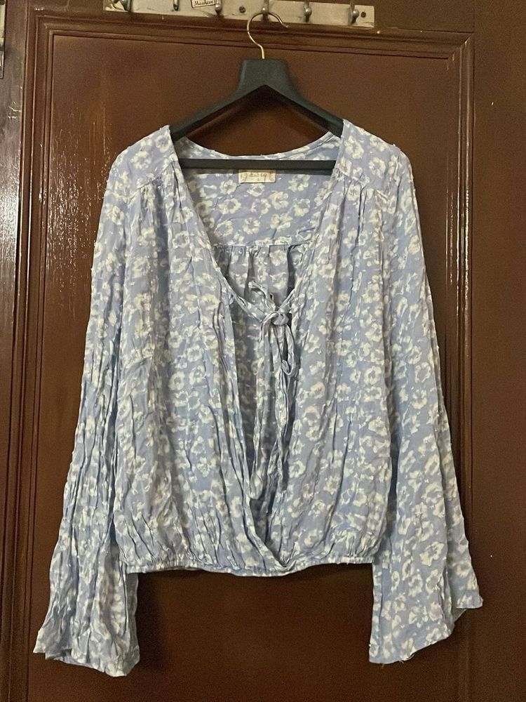 Blue Floral Print Tie-Up Blouse
