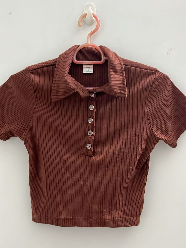 Ribbed Cropped Polo Shirt