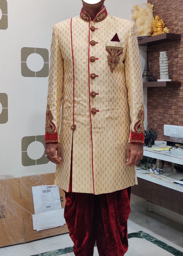 Men Sherwani Dhoti Stitched Set -Cream &amp; Maroon