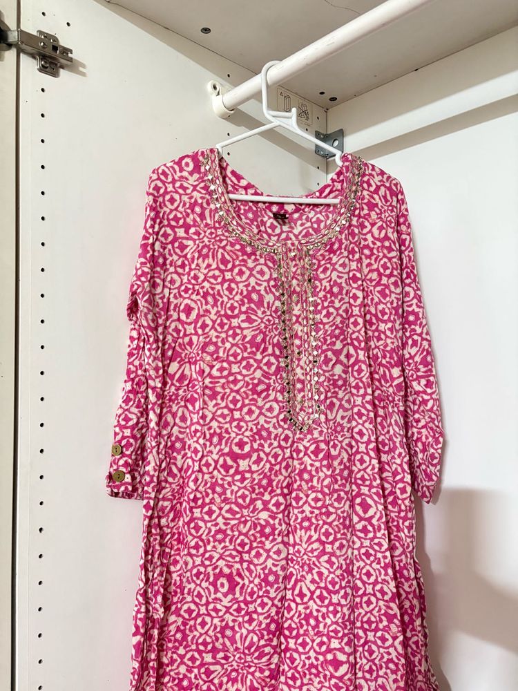 Pink Printed Kurta with Embellished Neckline