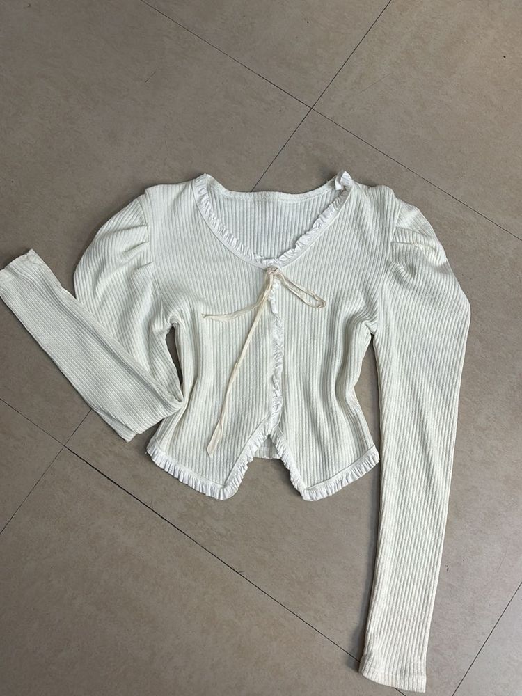 Cream Ribbed Long Sleeve Top