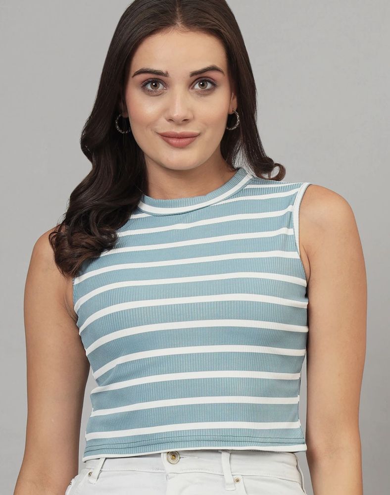 Sleeveless Striped Blue and White Crop top