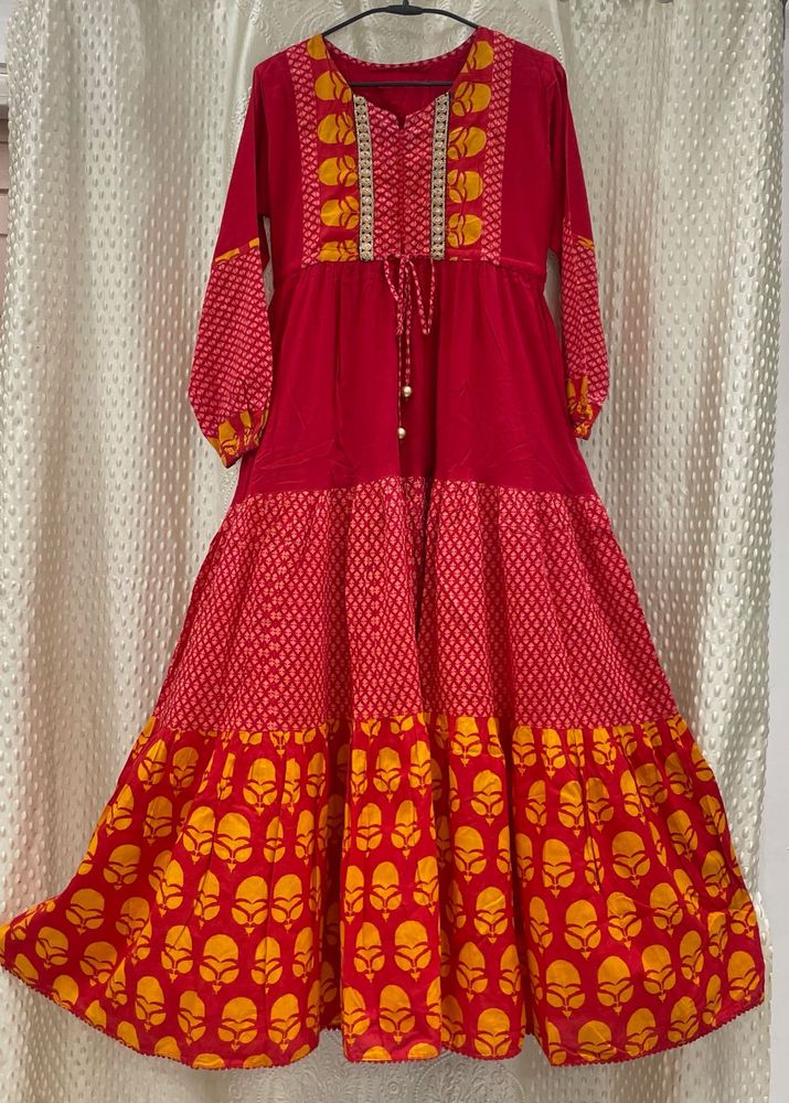 Beautiful Red &amp; Yellow Tiered Anarkali Gown